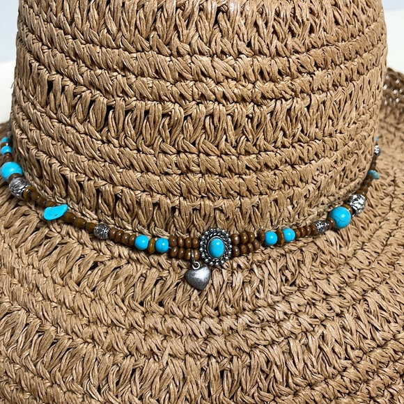 Sun ‘n’ Sand Tan Braided Straw floppy Hat With Turquoise Beaded Ribbon One Size - Picture 3 of 9